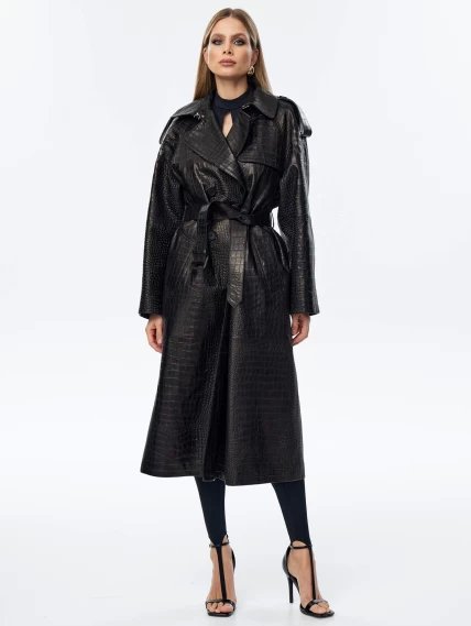 Кожаное пальто с принтом под крокодила премиум класса для женщин 3071, черное, размер 44, артикул 63350-0