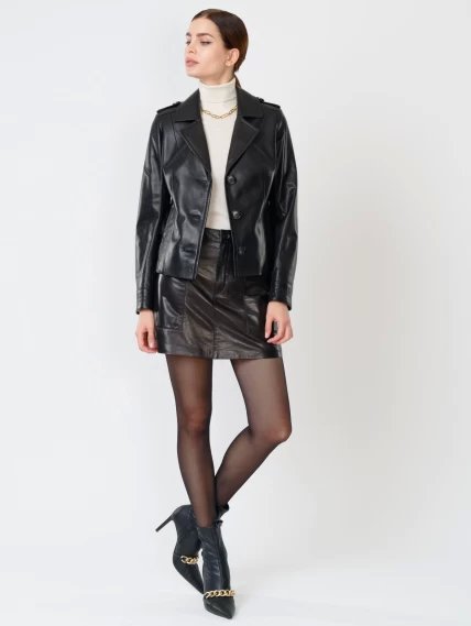 Короткий кожаный женский пиджак премиум класса 304, черный, размер 44, артикул 23640-2