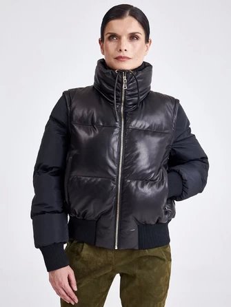 Комбинированная стеганная женская кожаная куртка бомбер 3029-0
