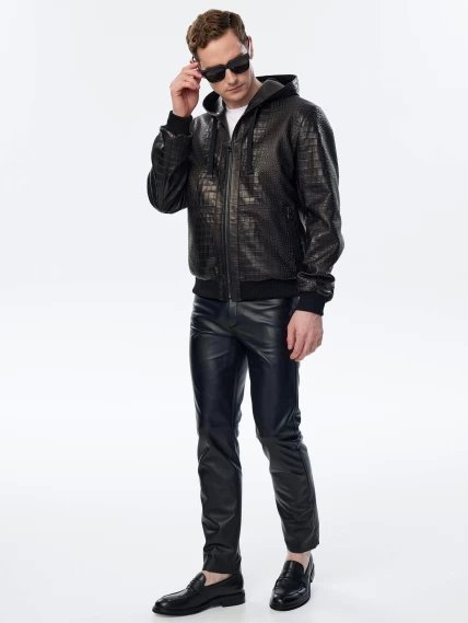 Мужская кожаная куртка бомбер с капюшоном премиум класса 561, черная, размер 48, артикул 29690-6