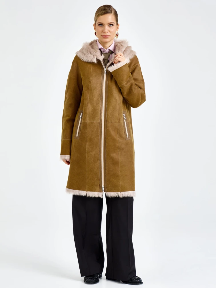 Бежевая женская дубленка с капюшоном из тосканы 2067, размер 46, артикул 92320-0