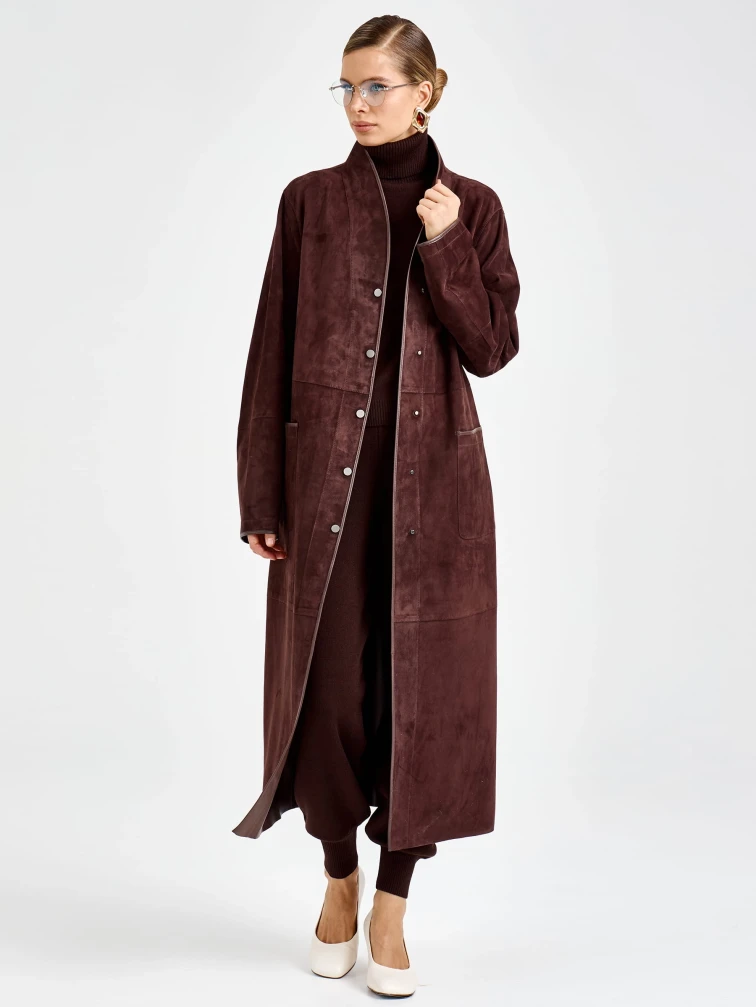 Замшевый женский плащ премиум класса 3104з, коричневый, размер 50, артикул 92310-1