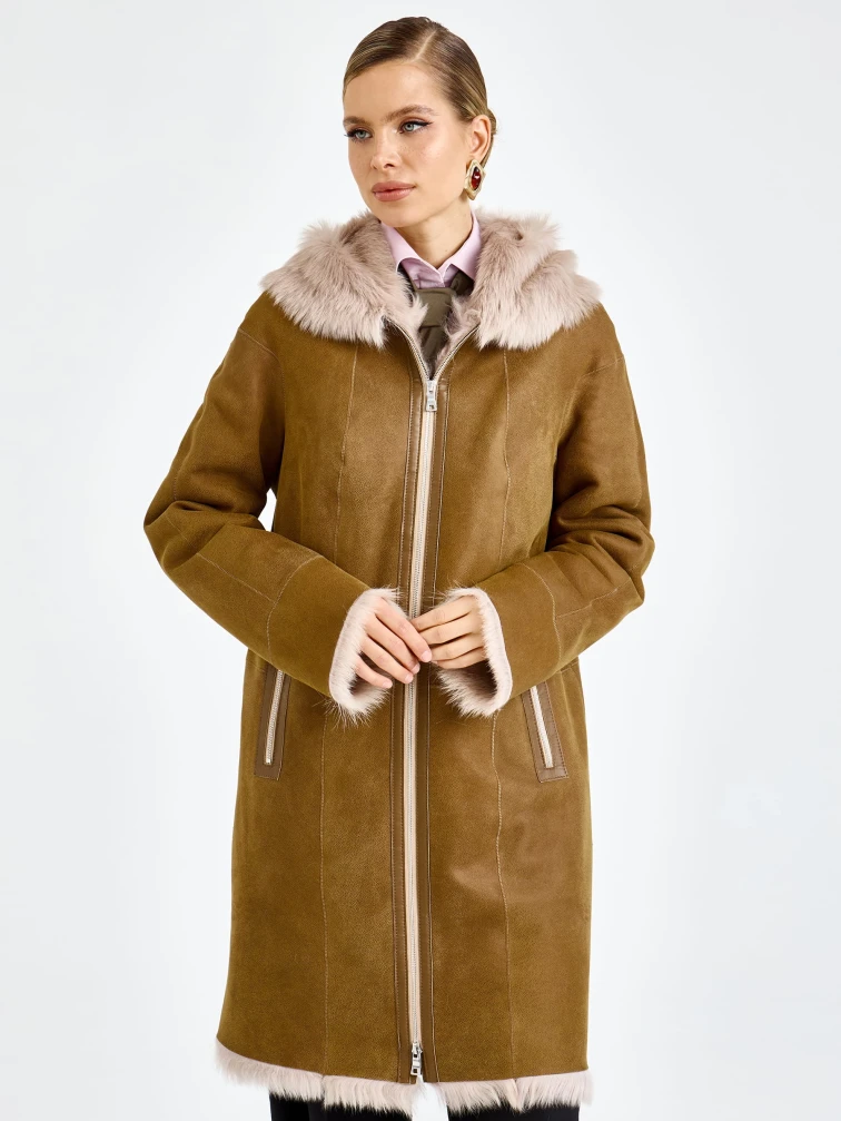 Бежевая женская дубленка с капюшоном из тосканы 2067, размер 46, артикул 92320-2