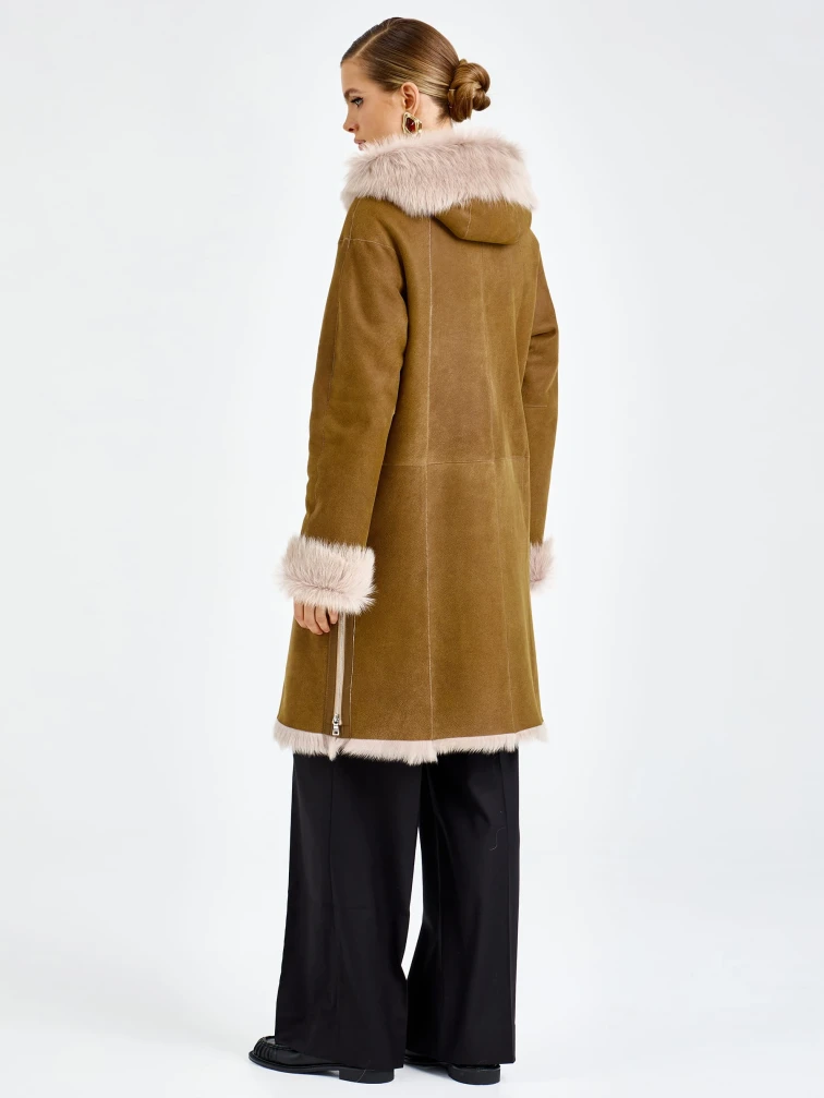 Бежевая женская дубленка с капюшоном из тосканы 2067, размер 46, артикул 92320-5