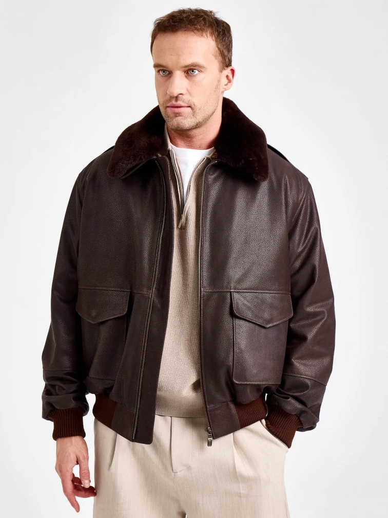 Мужская кожаная куртка пилот премиум класса 548, коричневая, размер 50, артикул 29860-4