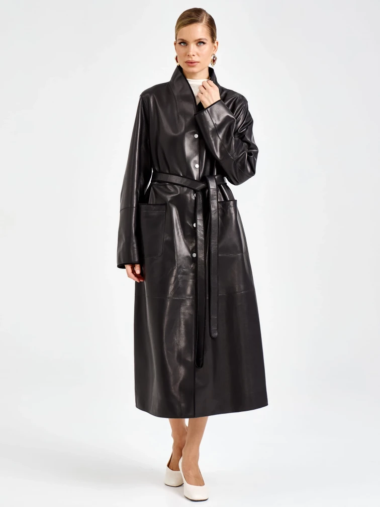 Длинный женский кожаный плащ премиум класса 3099, черный, размер 48, артикул 92120-2
