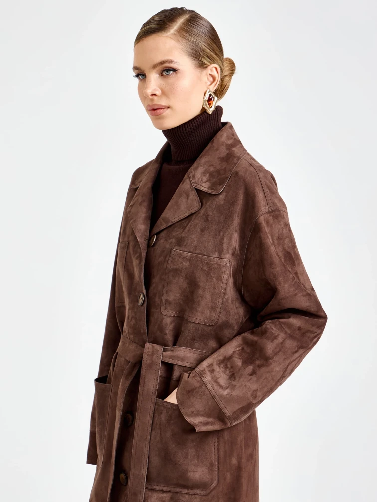Женский замшевый плащ премиум класса 3112з, коричневый, размер 46, артикул 92370-6