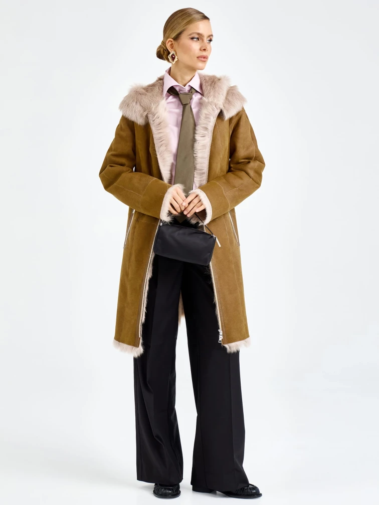 Бежевая женская дубленка с капюшоном из тосканы 2067, размер 46, артикул 92320-4