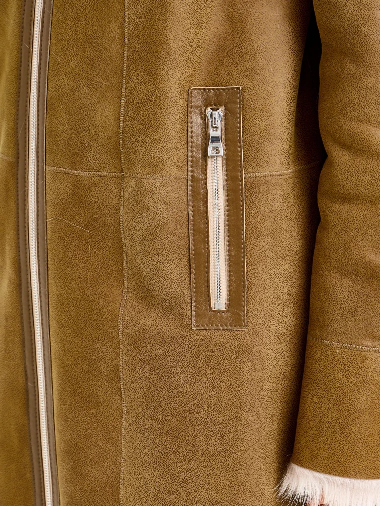 Бежевая женская дубленка с капюшоном из тосканы 2067, размер 46, артикул 92320-6