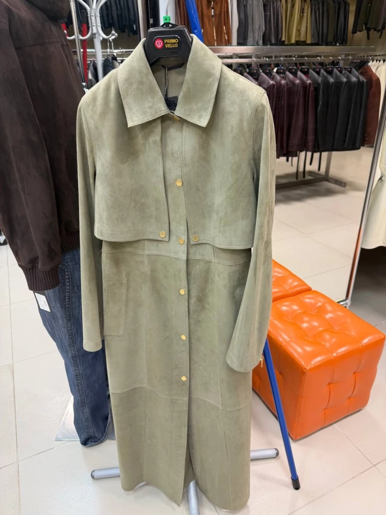 Зеленый женский замшевый плащ премиум класса 3103з, размер 44, артикул 92240-0