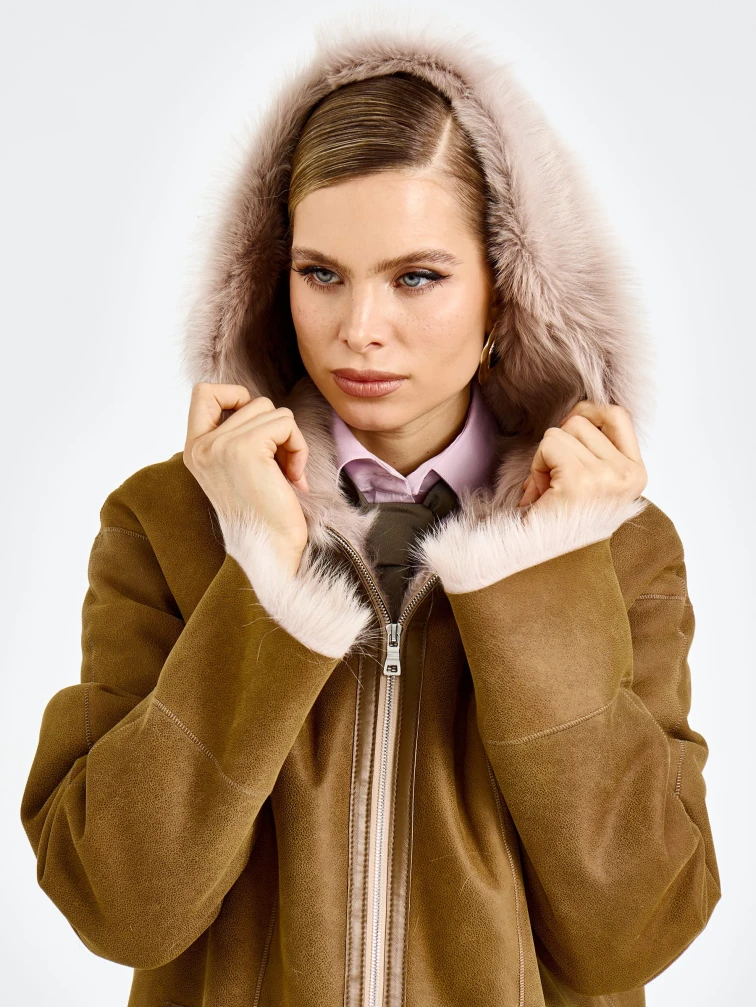 Бежевая женская дубленка с капюшоном из тосканы 2067, размер 46, артикул 92320-3