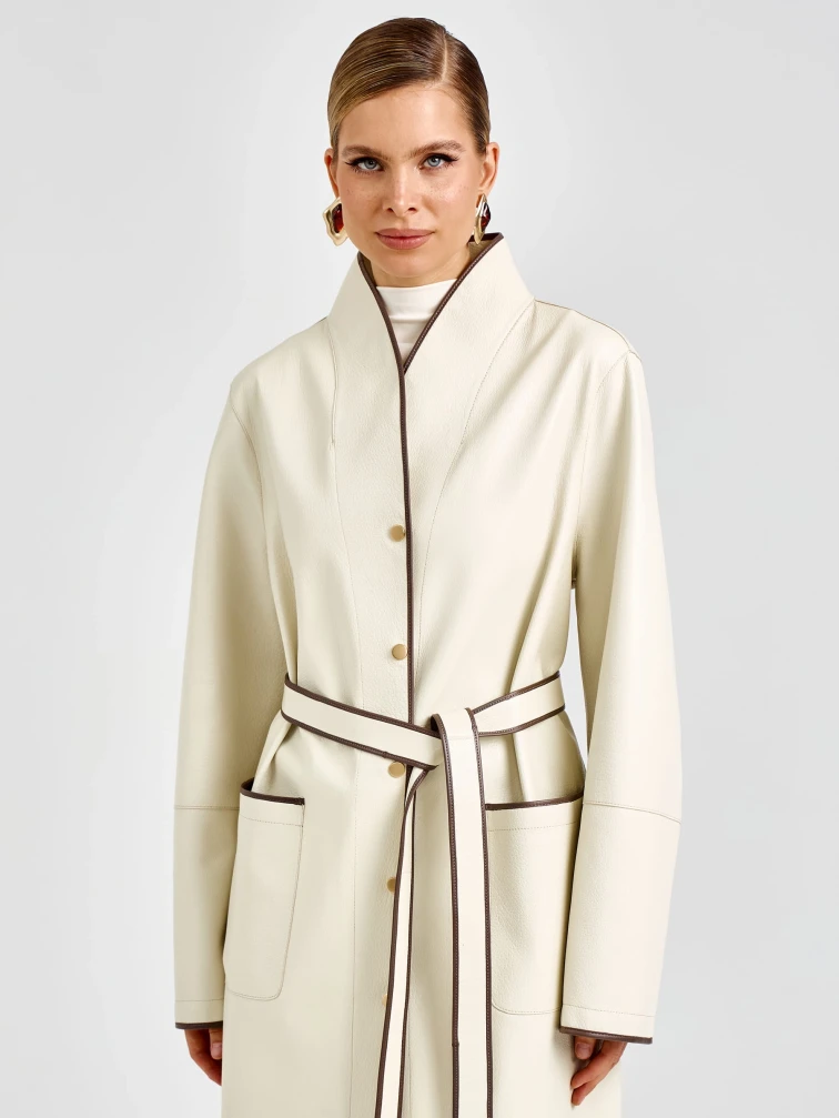 Белый женский кожаный плащ премиум класса 3104, размер 48, артикул 92140-7