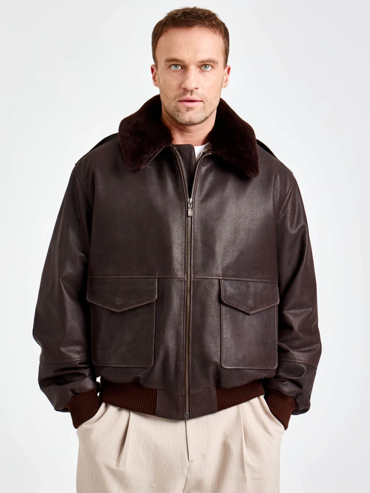 Мужская кожаная куртка пилот премиум класса 548, коричневая, размер 50, артикул 29860-7