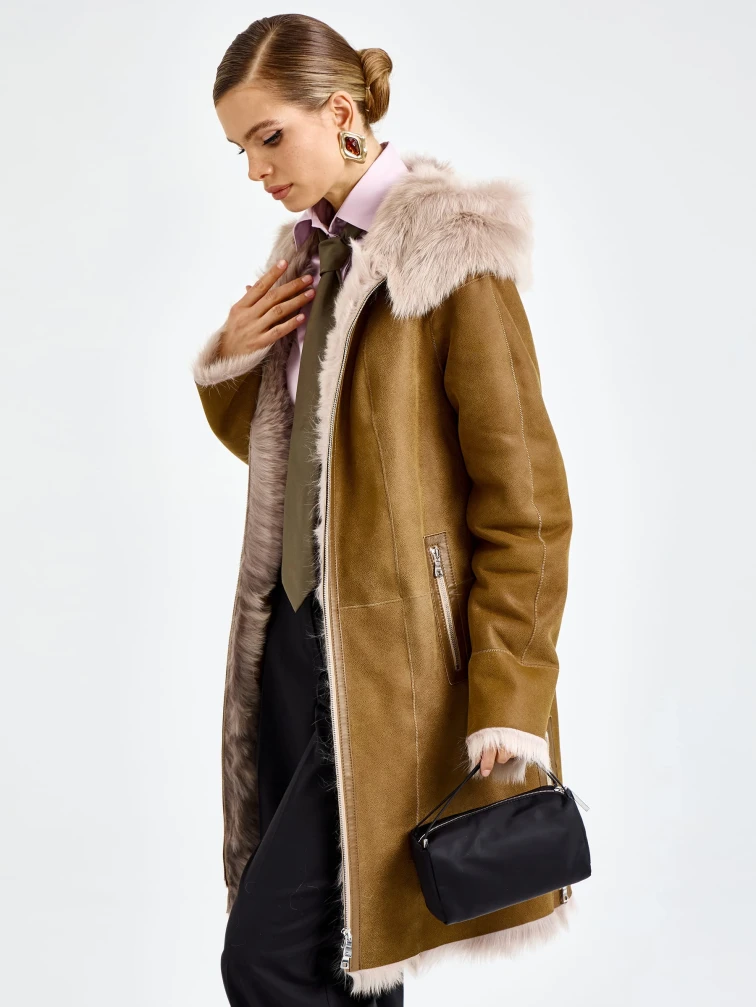 Бежевая женская дубленка с капюшоном из тосканы 2067, размер 46, артикул 92320-1