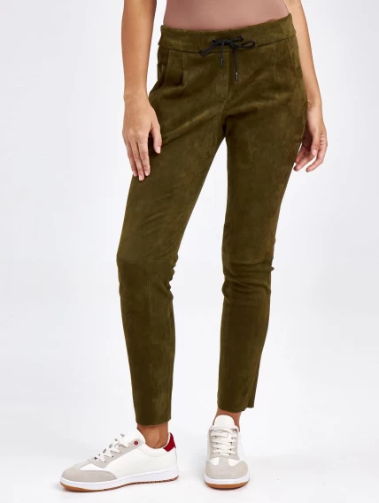 Кожаные женские брюки из натуральной замши 07_1, зеленые, размер 44, артикул 85620-2