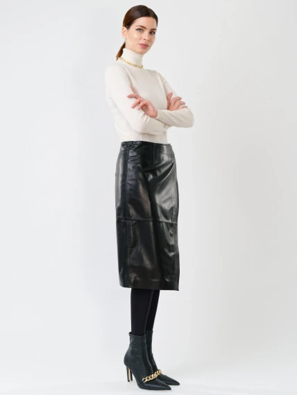 Черная кожаная юбка миди 07, размер 44, артикул 85430-4