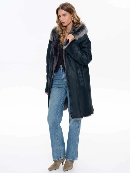 Женская дубленка с капюшоном из тосканы 2067, синяя, размер 48, артикул 64740-1