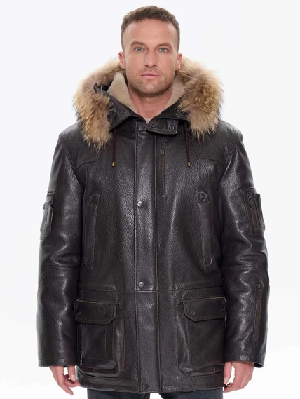 Утепленная мужская кожаная куртка аляска с мехом енота Алекс, коричневая, размер 52, артикул 40300-7