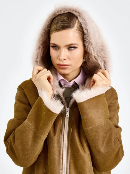Бежевая женская дубленка с капюшоном из тосканы 2067, размер 46, артикул 92320-3