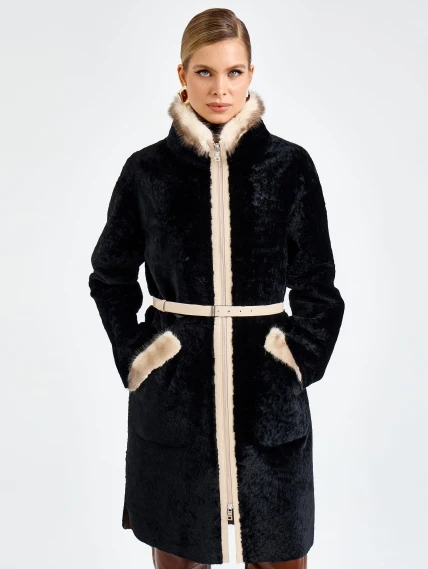 Черная женская дубленка из астрагана с мехом норки премиум класса 2018, размер 44, артикул 65140-6