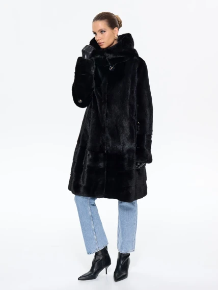 Длинная норковая женская шуба с капюшоном М-102- 664, черная, размер 56, артикул 65360-1