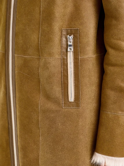 Бежевая женская дубленка с капюшоном из тосканы 2067, размер 46, артикул 92320-6