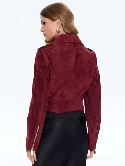 Женская замшевая куртка косуха с поясом премиум класса 3080з, бордовая, размер 42, артикул 24740-5