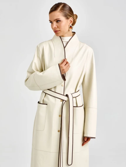 Белый женский кожаный плащ премиум класса 3104, размер 48, артикул 92140-3