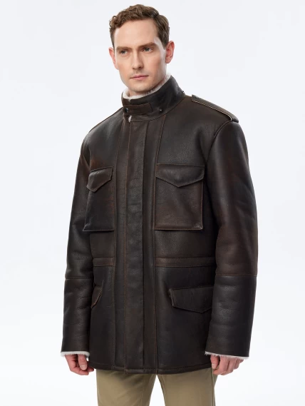 Дубленка мужская с капюшоном премиум класса 433, коричневая, размер 50, артикул 70751-3