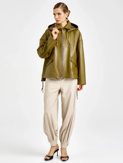 Женская кожаная куртка с капюшоном премиум класса 3102, зеленая, размер 44, артикул 92160-6