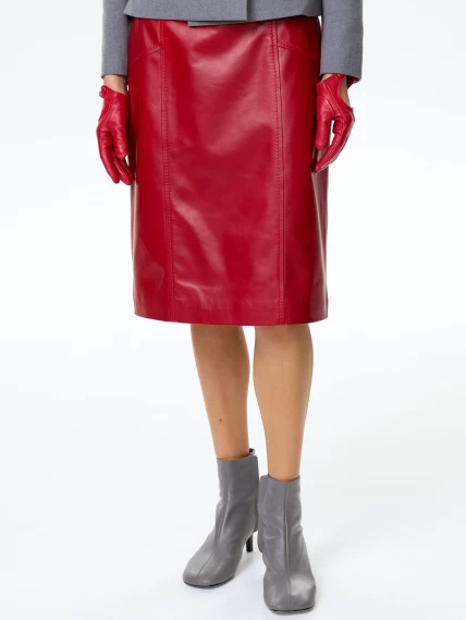 Юбка карандаш из натуральной кожи 06, красная, размер 46, артикул 85380-1