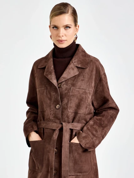 Женский замшевый плащ премиум класса 3112з, коричневый, размер 46, артикул 92370-4