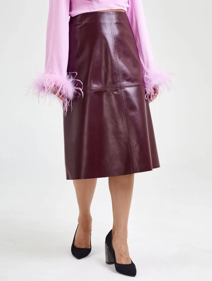 Кожаная юбка миди 09, бордовая, размер 44, артикул 85570-4