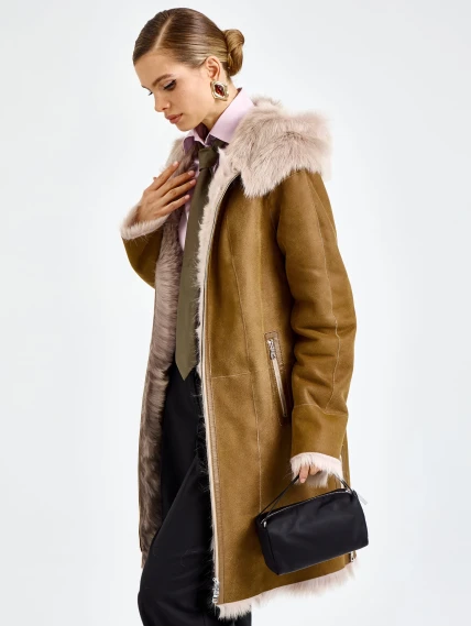 Бежевая женская дубленка с капюшоном из тосканы 2067, размер 46, артикул 92320-1