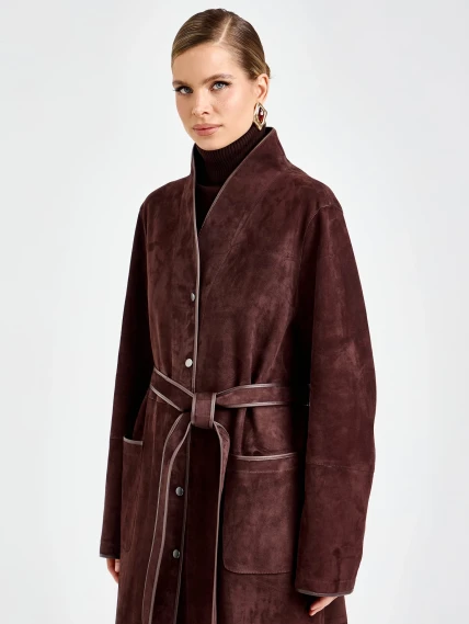 Замшевый женский плащ премиум класса 3104з, коричневый, размер 50, артикул 92310-2
