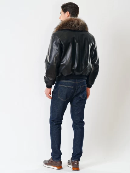 Мужская утепленная кожаная куртка бомбер на резинке с енотовым воротником Мауро-зима, черная, размер 64, артикул 40320-4