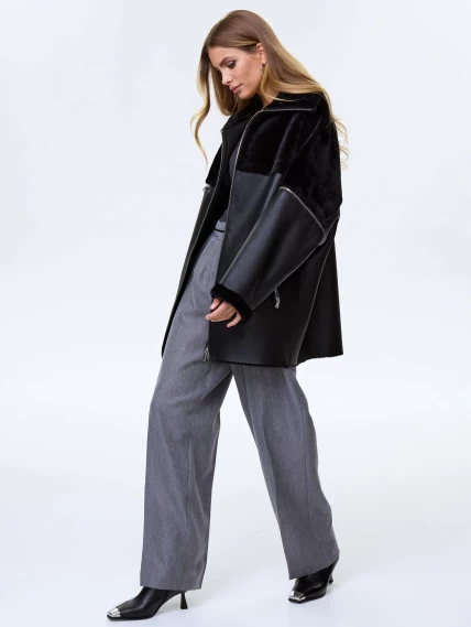 Молодежная дубленка оверсайз для женщин премиум класса 2051, черная, размер 48, артикул 64160-1