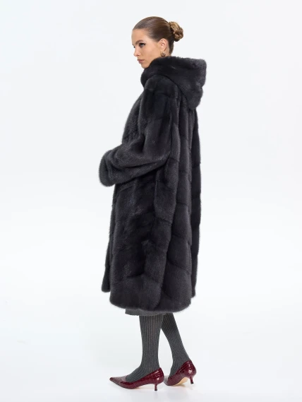 Длинная женская норковая шуба с капюшоном Москвичка-132, черная, размер 52, артикул 65390-5