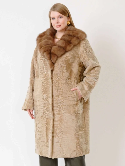 Шуба женская из меха каракуля с мехом куницы Екатерина(вк), жемчужная, размер 54, артикул 22660-0