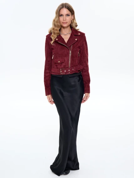 Женская замшевая куртка косуха с поясом премиум класса 3080з, бордовая, размер 42, артикул 24740-6