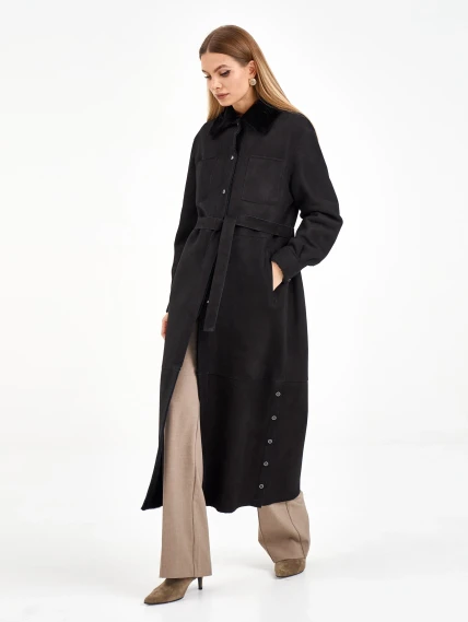 Длинная замшевая женская дубленка 2086, черная, размер 44, артикул 64980-1