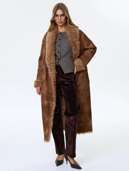 Длинная дубленка из натуральной овчины тиградо для женщин премиум класса 2020, светло-коричневая, размер 44, артикул 62470-6