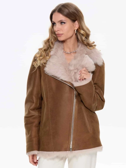 Короткая женская дубленка из тосканы 2068, бежевая, размер 46, артикул 64730-7