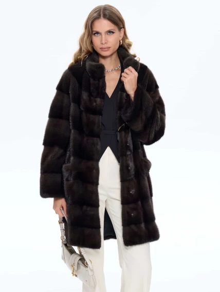 Поперечная норковая женская шуба MANZARI SL-135, серая, размер 44, артикул 34290-4