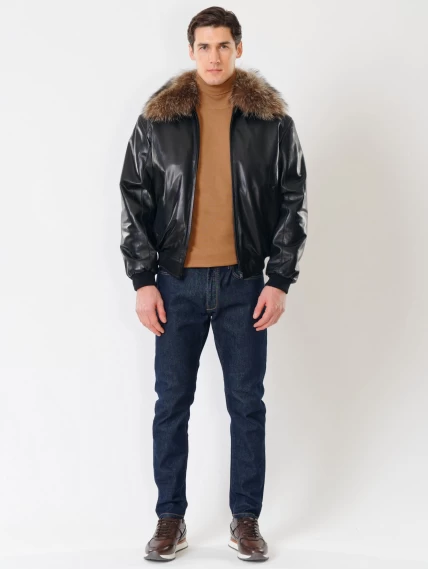 Мужская утепленная кожаная куртка бомбер на резинке с енотовым воротником Мауро-зима, черная, размер 64, артикул 40320-3