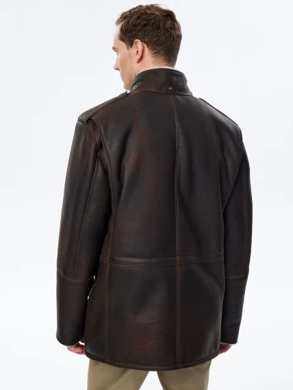 Дубленка мужская с капюшоном премиум класса 433, коричневая, размер 50, артикул 70751-5