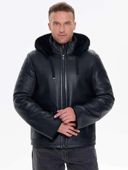 Короткая мужская дубленка с капюшоном премиум класса 441, черная, размер 48, артикул 41230-0