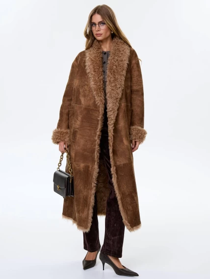 Длинная дубленка из натуральной овчины тиградо для женщин премиум класса 2020, светло-коричневая, размер 44, артикул 62470-1