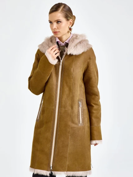Бежевая женская дубленка с капюшоном из тосканы 2067, размер 46, артикул 92320-7