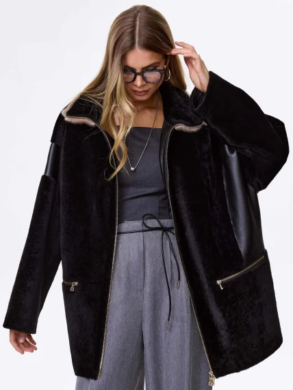 Дубленка на молнии с норковым воротником для женщин премиум класса 2057, черная, размер 52, артикул 62500-4